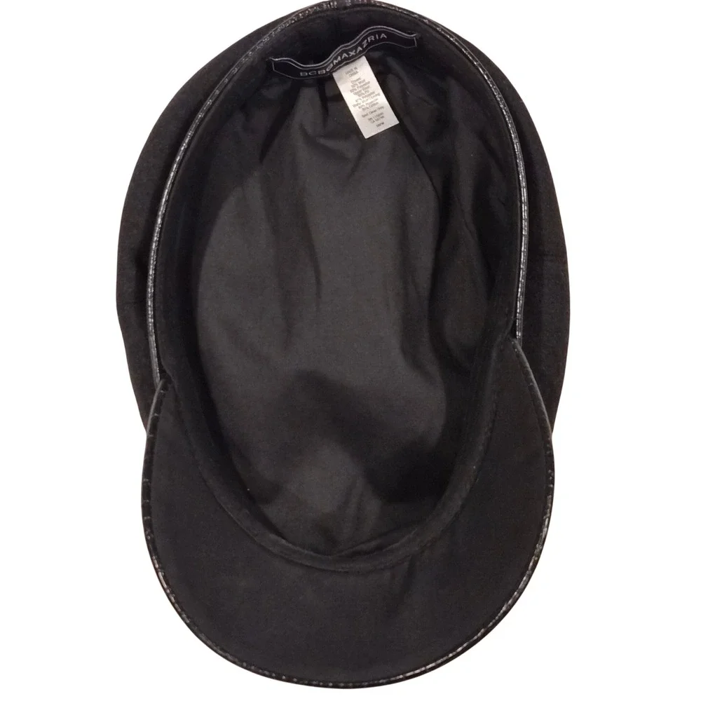 BCBGMAXAZRIA Black Wool Blend Baker Boy Hat Croc Embossed Faux Leather Trim OSFM